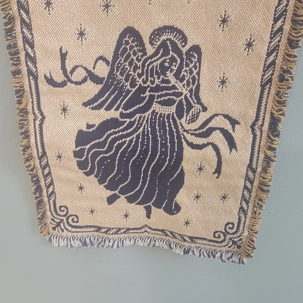 Vintage Table‎ Tapestry Runner Angel Holiday Seasonal Fringe Size 12Wx72L